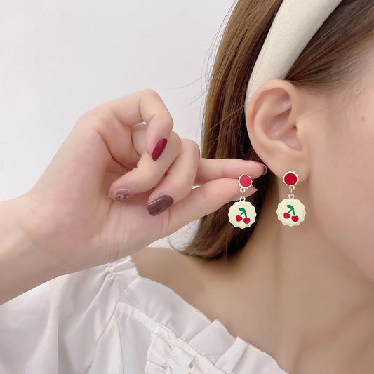 Sier Needle Sweet Loving Heart Strawberry Cherry Earrings