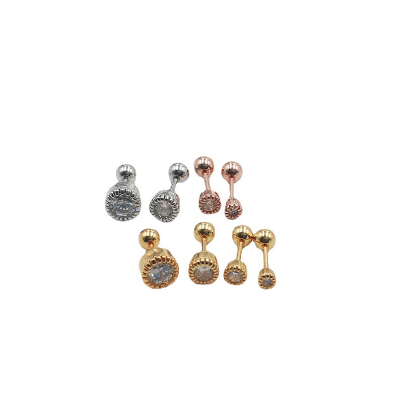 Sleeping Thread Ball Round Mini Single Diamond Earrings