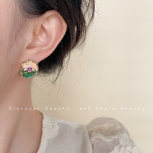 Women's Handmade Painted Glaze Flowers French Retro High-grade National Earrings