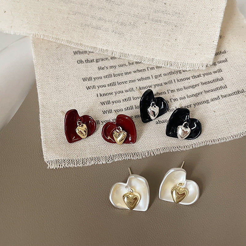 Niche Design Dripping Oil Love Heart Earrings