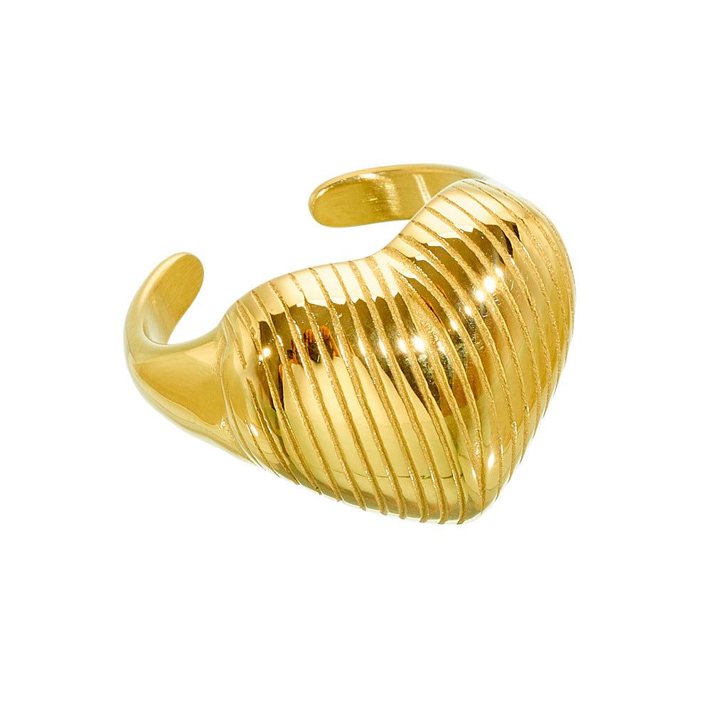 Trend Exaggerated Open Heart Striped Titanium Steel No Rings