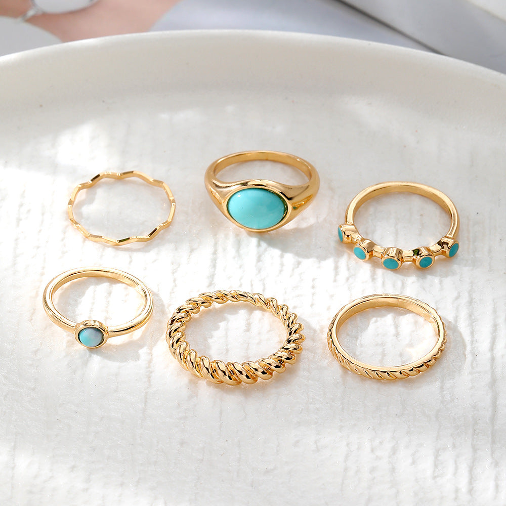 Women's Turquoise Twist Gold Wave Knuckle Rings