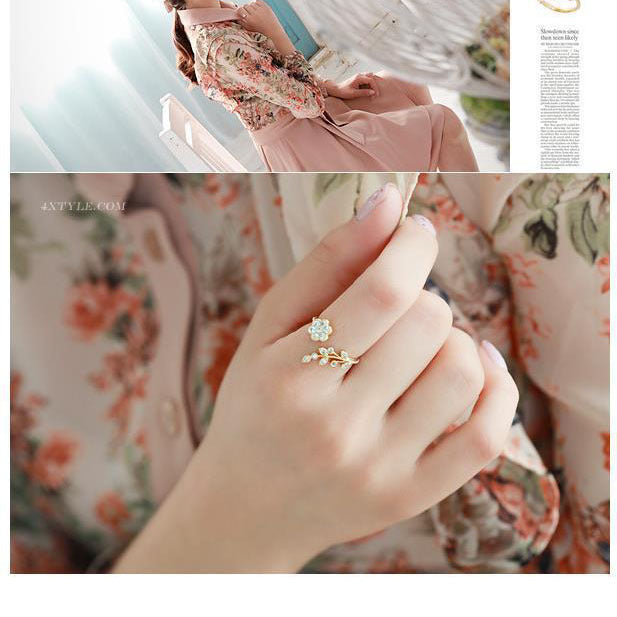 Style Refined Rhinestone Twisted Leaf Flower Open Rings