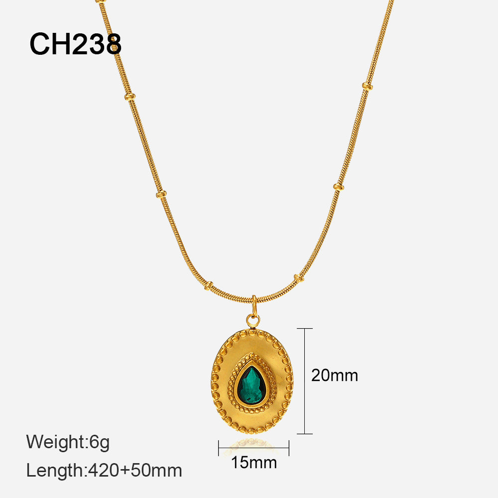 French Retro Emerald Stainless Steel Popular Geometric Fritillary Inlaid Necklaces