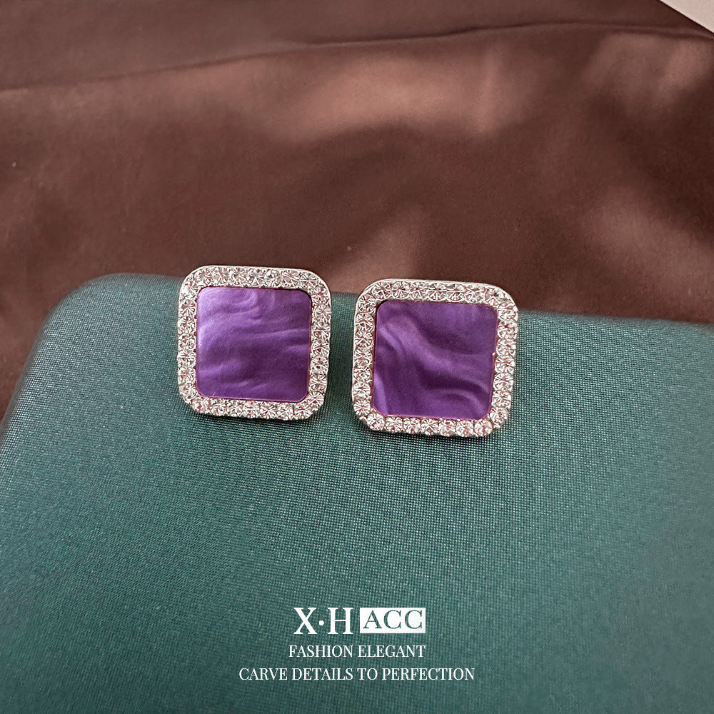 Full Diamond Purple Geometric Square Ear Simple Earrings