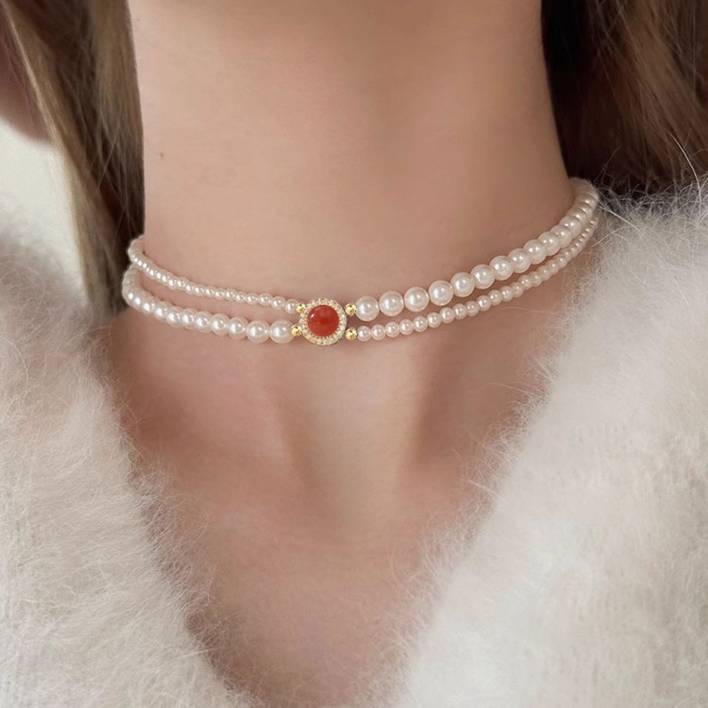 Potato Sier Inlay Red Agate Pearl Necklaces