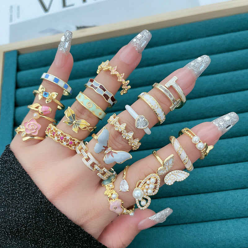 Butterfly Flower Light Luxury Enamel Drip Rings