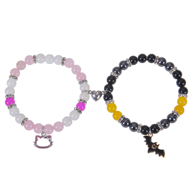 Spider Cat Couple Crystal Opal Magnet Bracelets