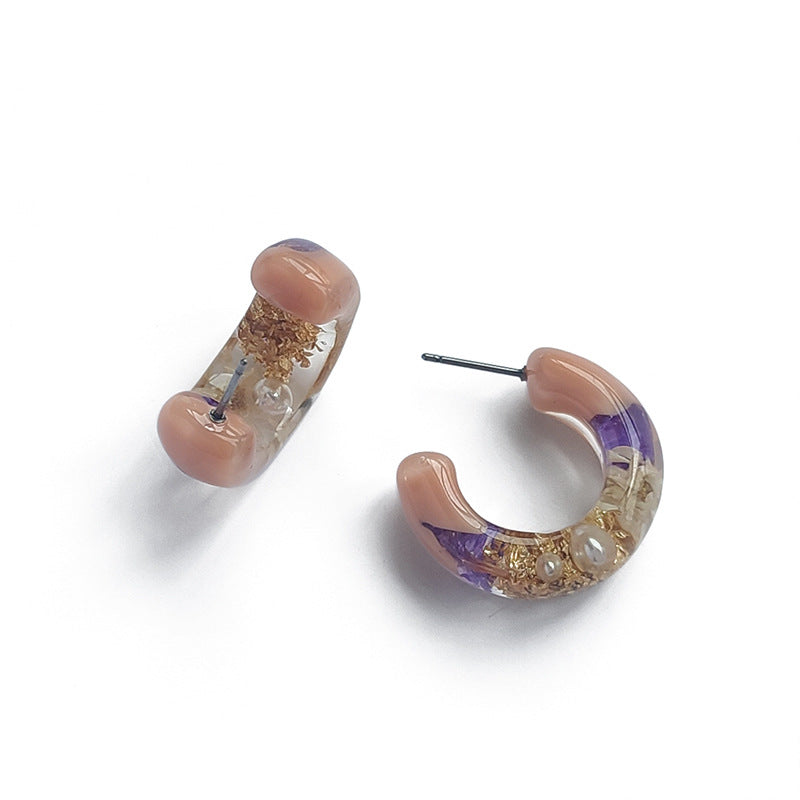 Exquisite Small Real Flower Gold Foil Resin Earrings