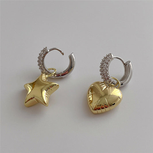 Retro Design Zircon Cold Stars Heart Asymmetric Earrings
