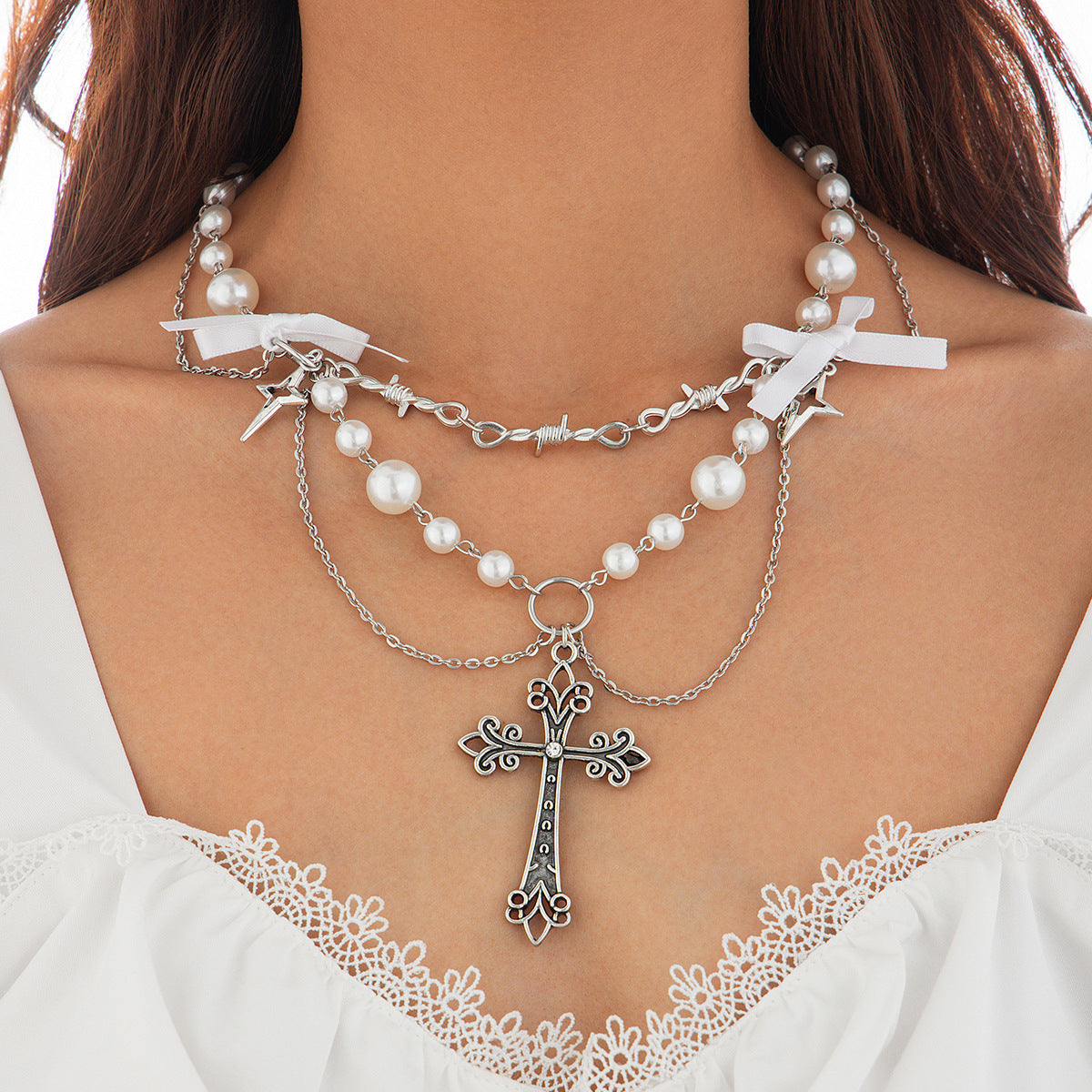 Cross Metal Bow Small Fresh Alloy Imitation Pearl Necklaces