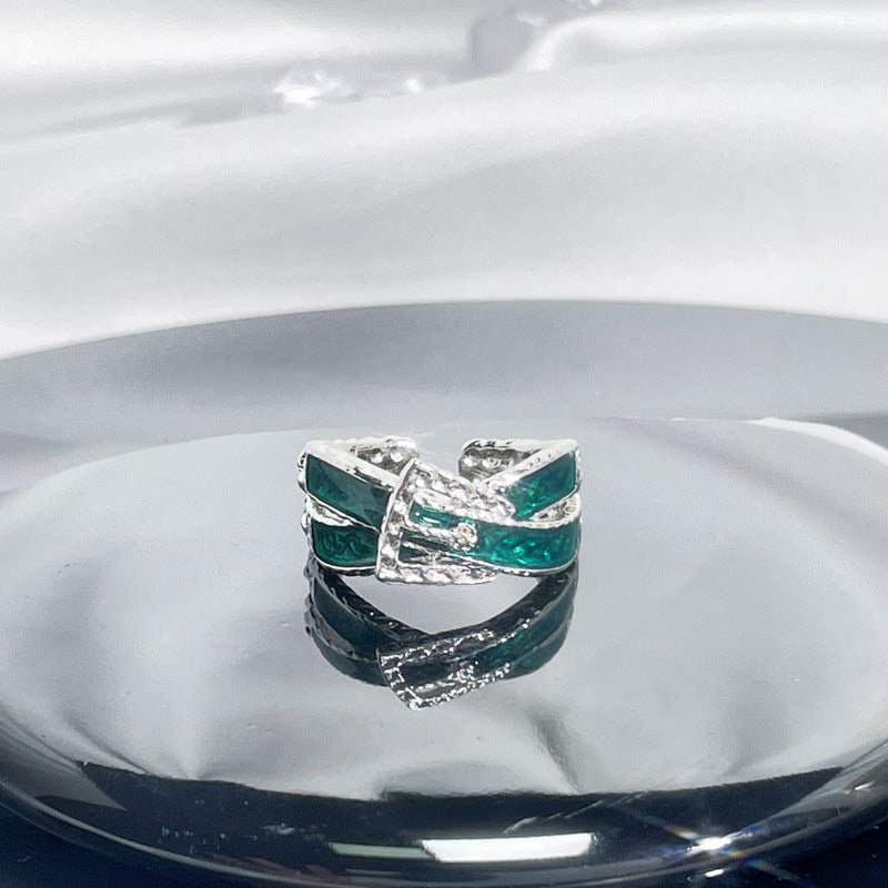 Women's Retro Green Zircon Drip Glazed Temperamental Cold Rings