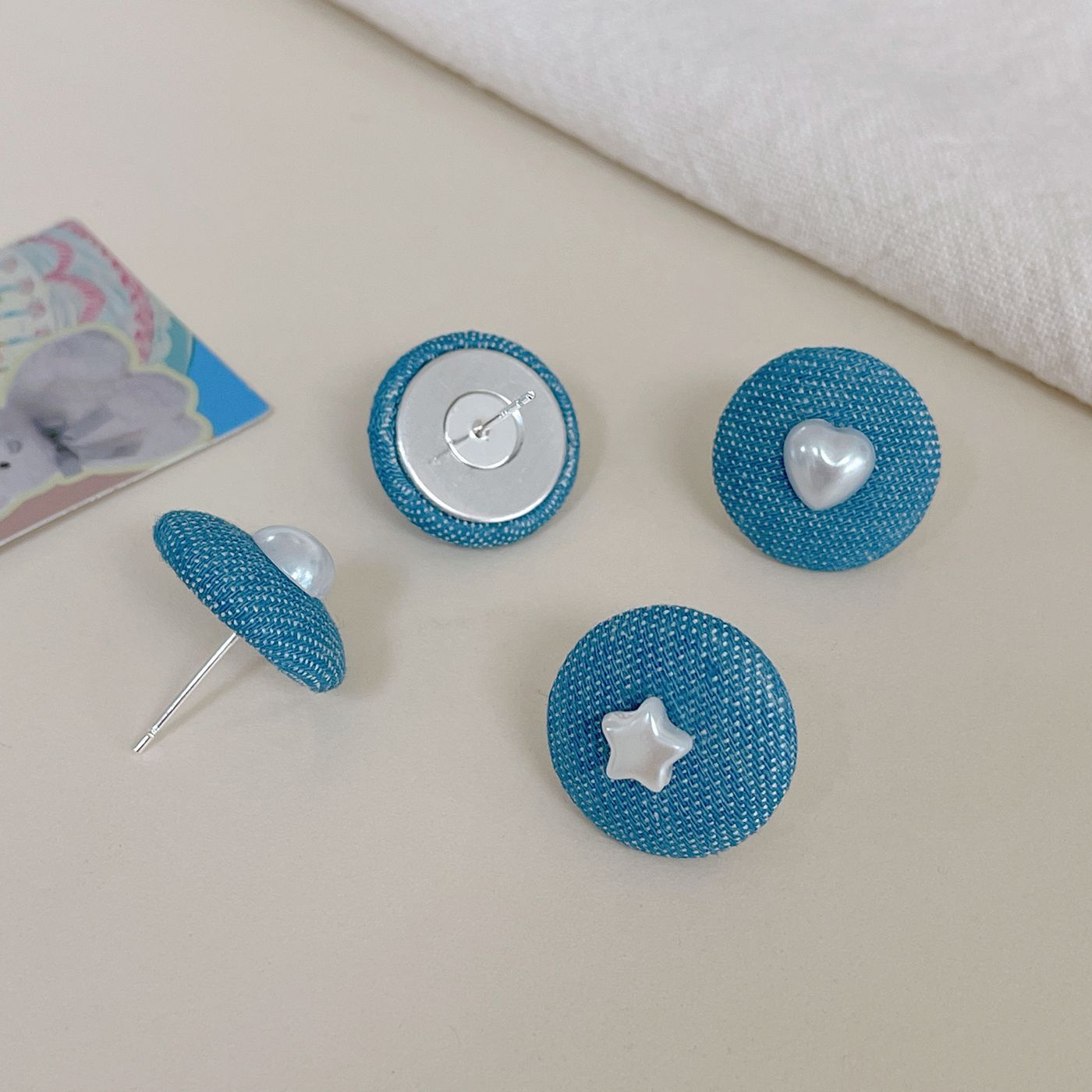 Women's Denim Blue Fabric Ball Sier Needle Love Earrings