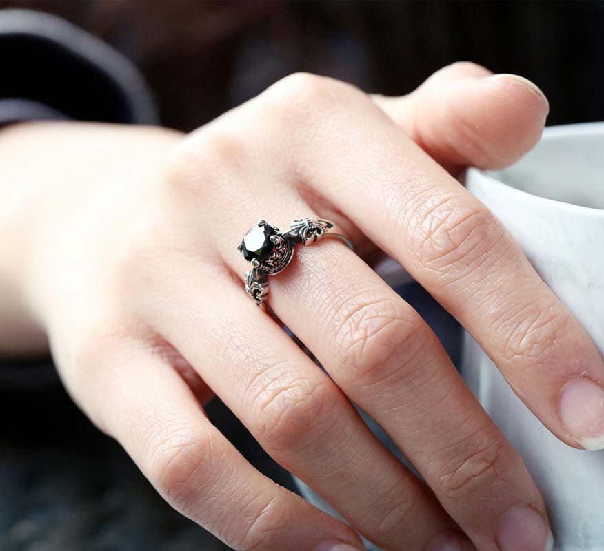Women's & Men's Sier Natural Black Agate Open For Fashion Rings