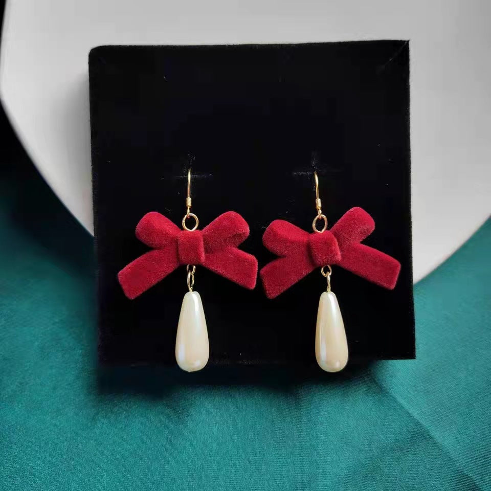 Court Veet Wine Red Bow Water Drop Pearl Girly Rings