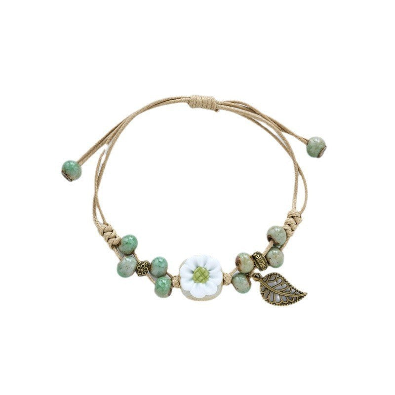 Women's Hand Weaving Mori Style Fresh Ceramic Vintage Flower Bracelets
