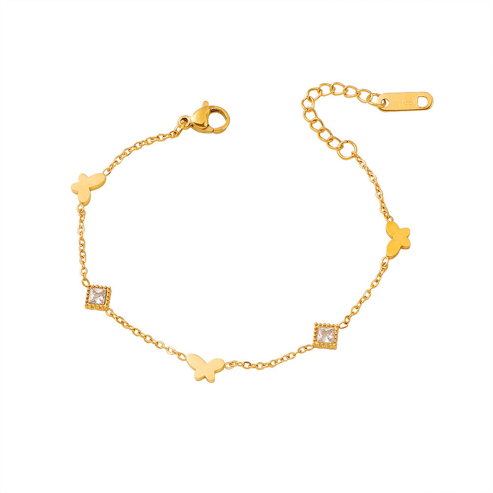 Exquisite Thin Rhombus Rhinestone Butterfly Titanium Steel Bracelet
