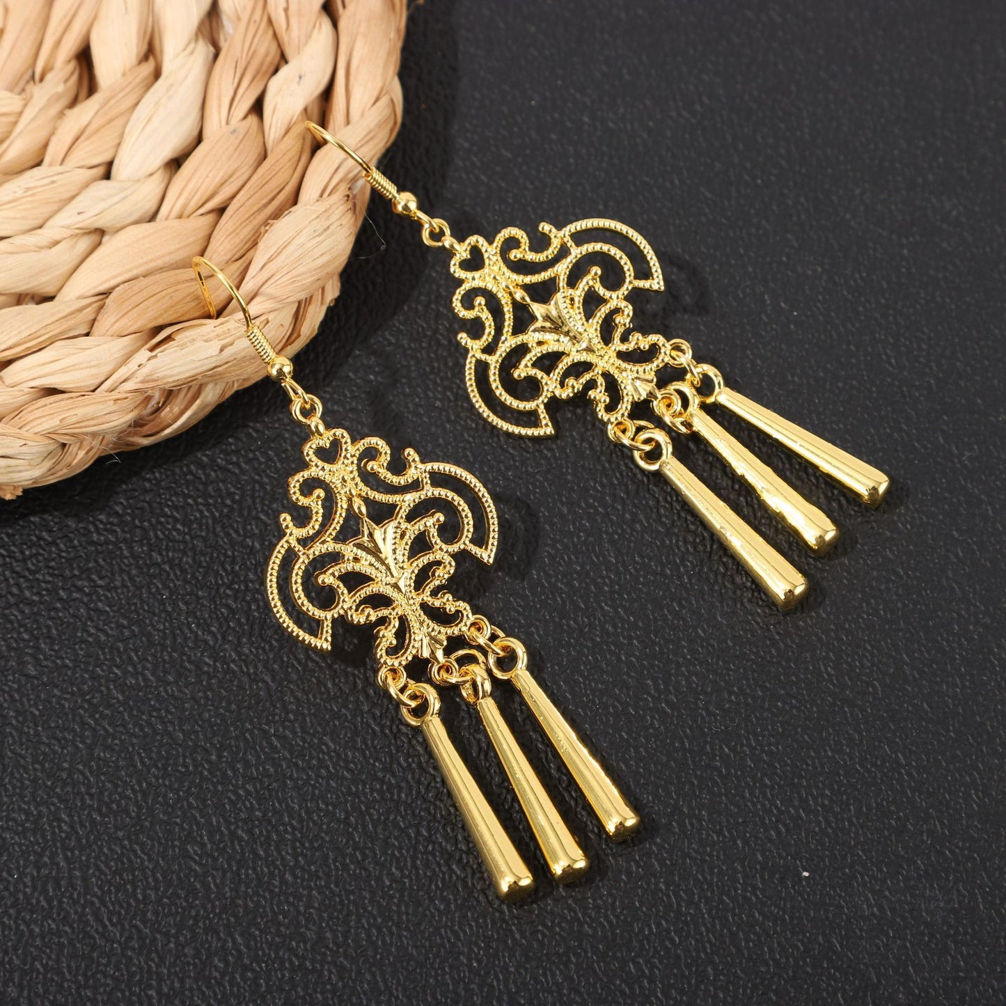 Golden Bell Tassel Bohemian Leaf National Earrings
