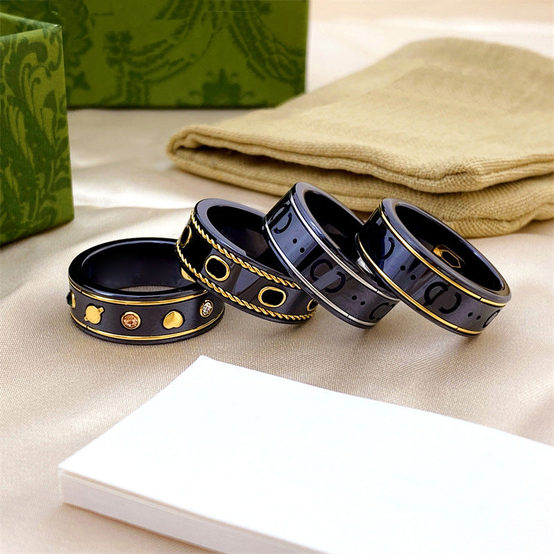 Bee Planet Ceramic Trendy Unique Couple Black Rings
