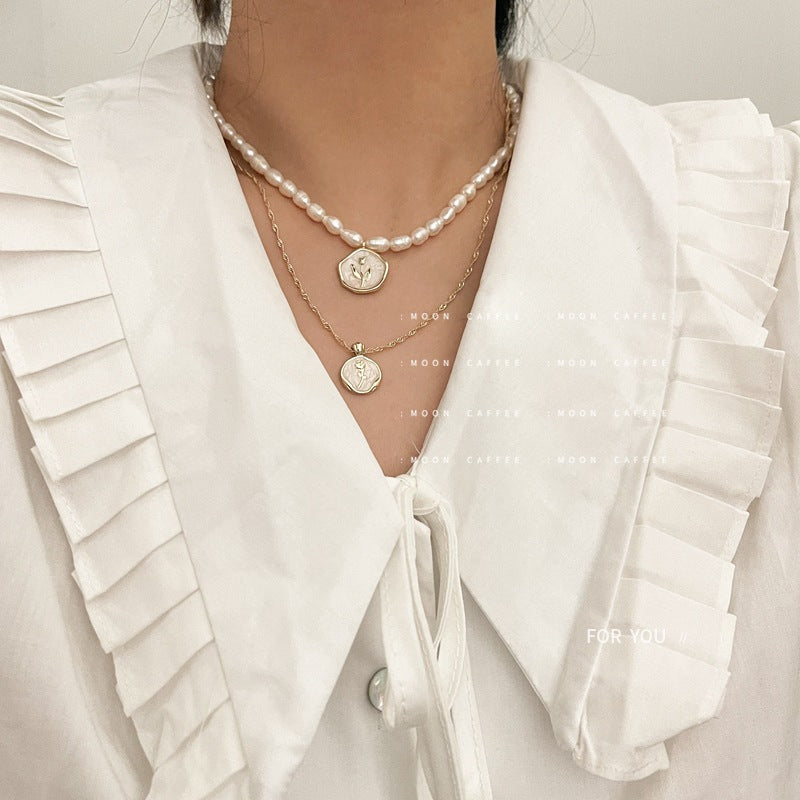 Elegant Pearl White Enamel Vintage Rose Necklaces