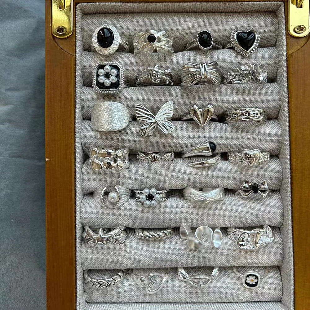 Luxury Simple Black Agate Female Niche Retro Rings