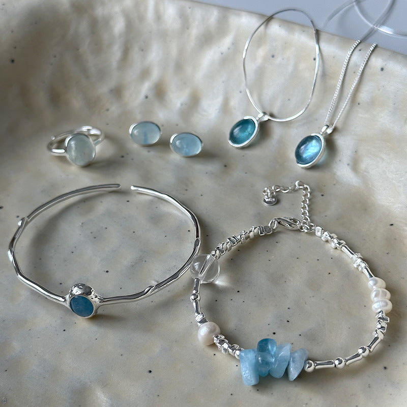 Women's Aquamarine Sier Combination Inlaid Natural Stone Necklaces