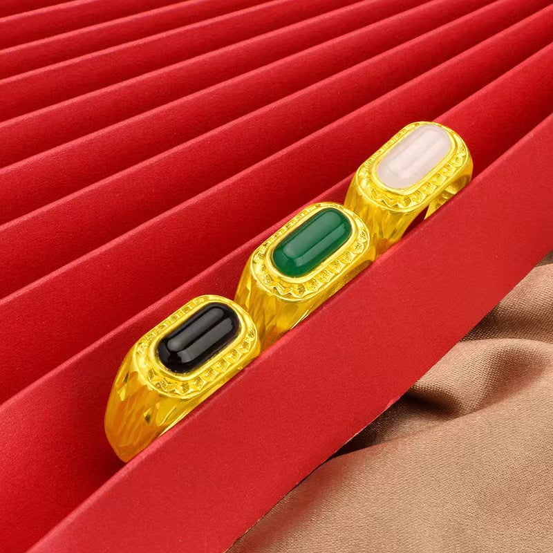Men's Vietnam Placer Gold Long Chalcedony Emperor Green Imitation Rings