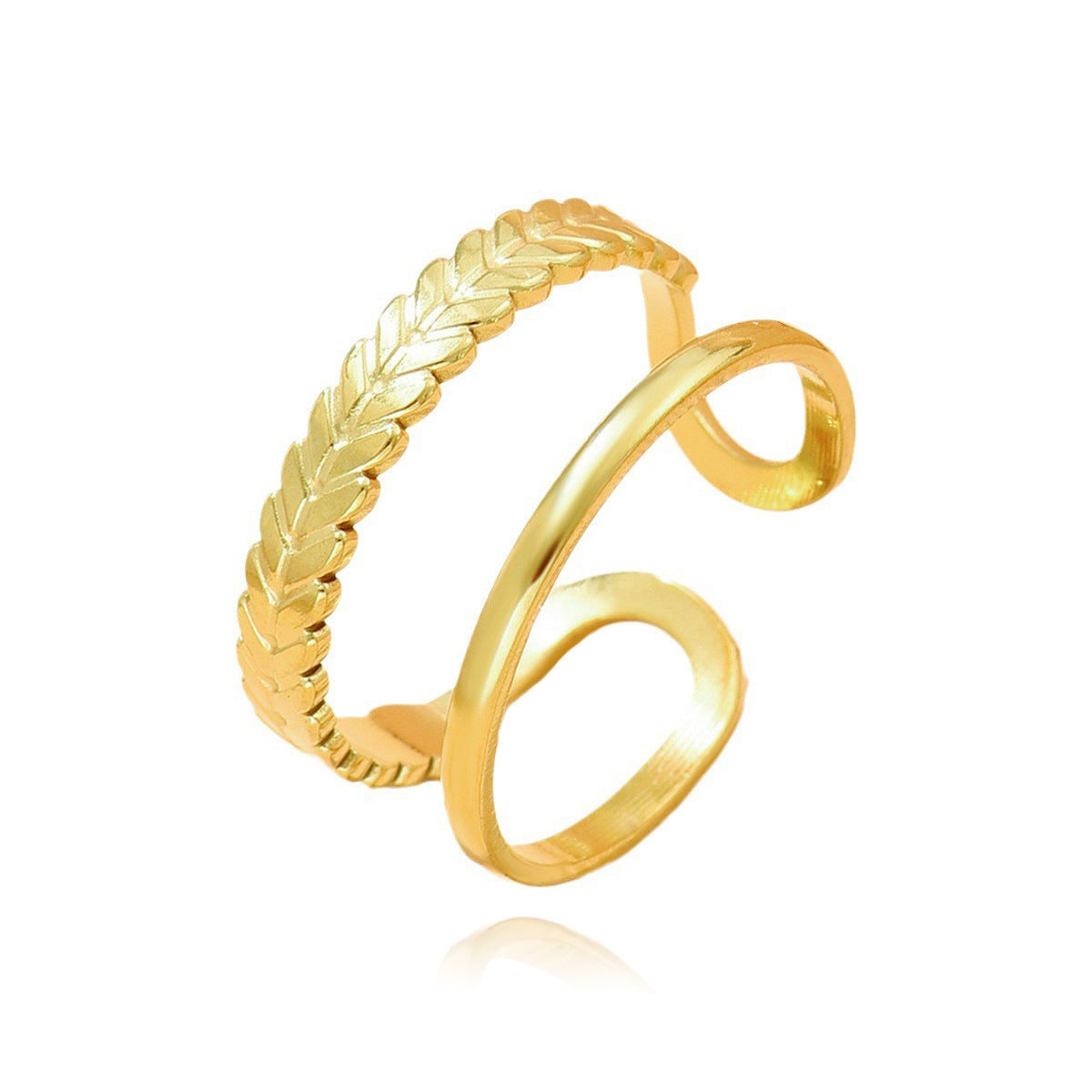 Personalized Double Row Leaves Design Open Stainless Rings