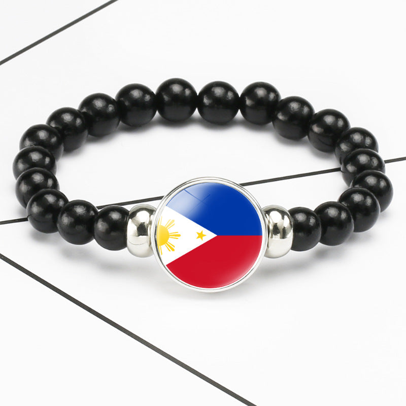 Flag Pattern Time Stone Black Elastic String Beads Bracelets