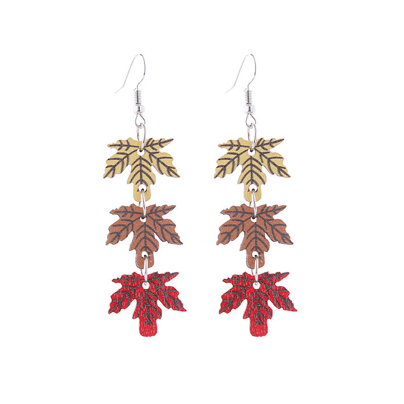 Thanksgiving Wooden Colorful Maple Leaf Three-color Earrings