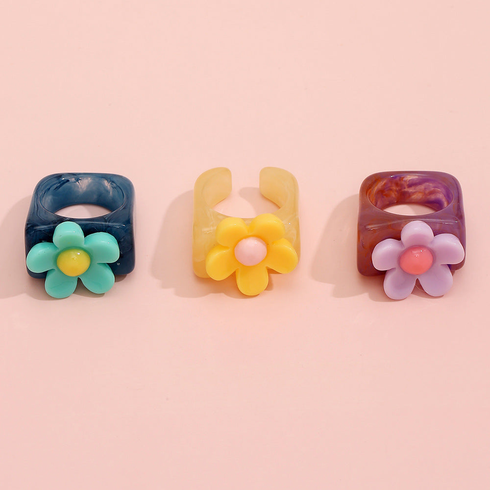 Candy Color Flower Temperament Design Resin Rings