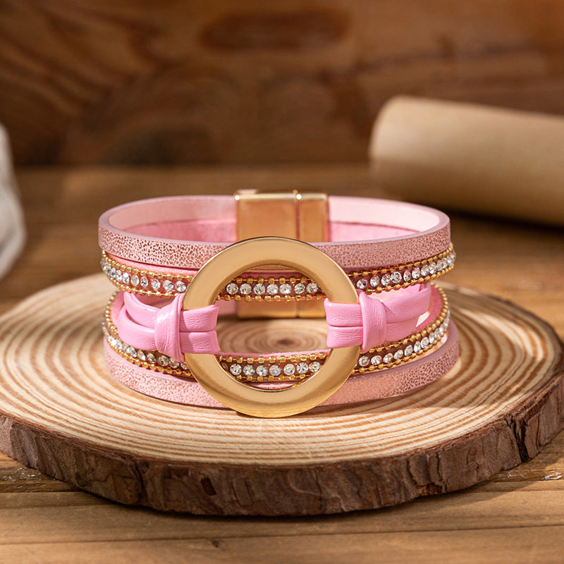 Personalized Big Circle Leather Niche Golden Rhinestone Bracelets