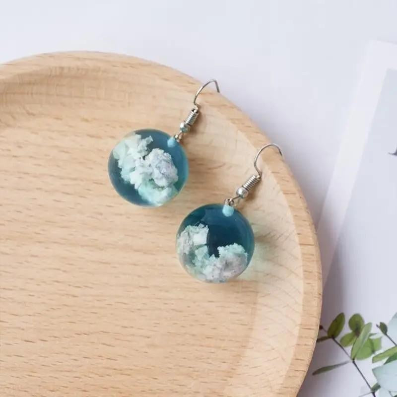 Luminous Planet Blue Sky White Clouds Mori Style Transparent Spherical Earrings