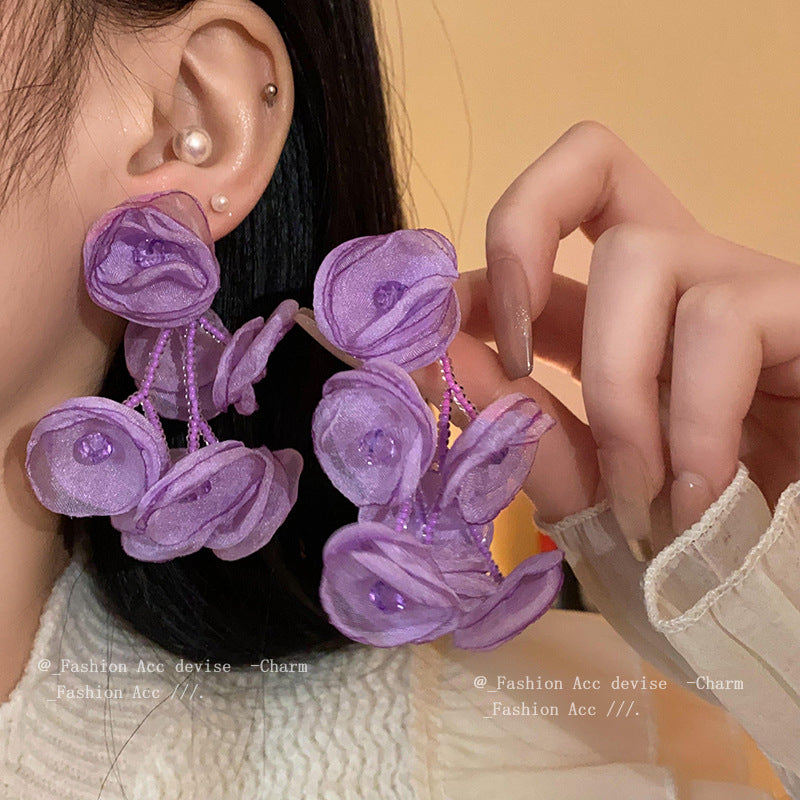 Women's Sier Needle Crystal Flowers Long Mori Earrings