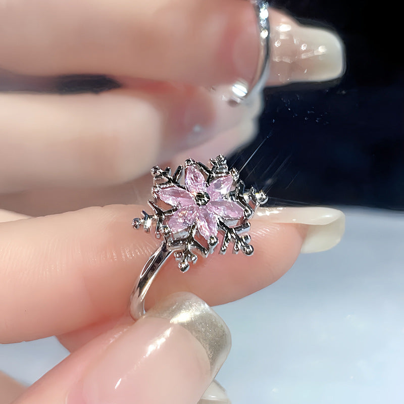 Snowflake Pink Zircon Flower Clover Open Design Rings