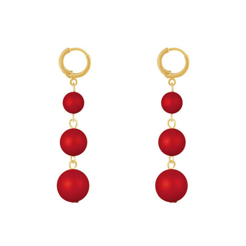 Women's French Red Ball Pearl Temperamental Tassels Earrings