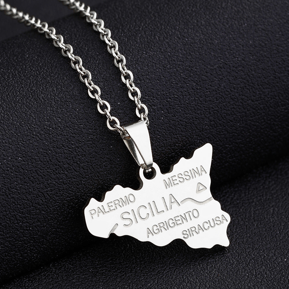 Women's Italy Sicily Map Flag Stainless Steel Necklaces
