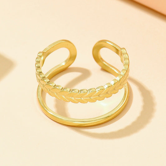 Personalized Double Row Leaves Design Open Stainless Rings