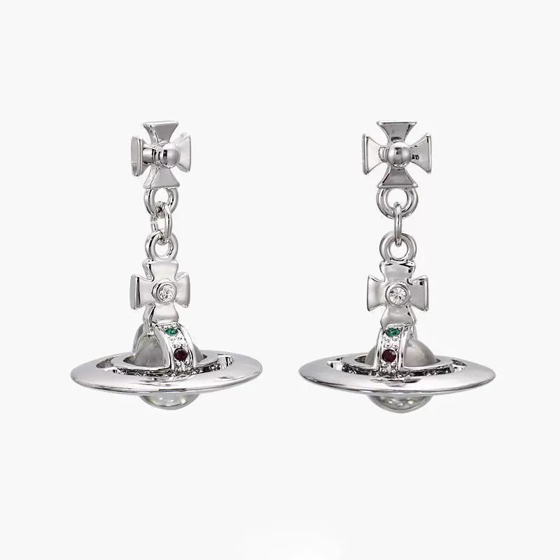 Women's Flying Saucer Engraved Saturn Gold Sier Earrings