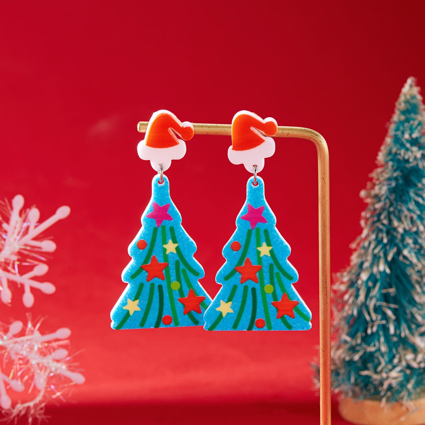 Christmas Tree Fashion Hat Acrylic Printed Earrings