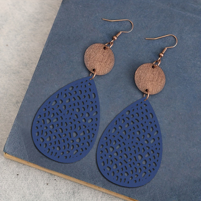 Retro Hollow Spider Web Stitching Wood Earrings