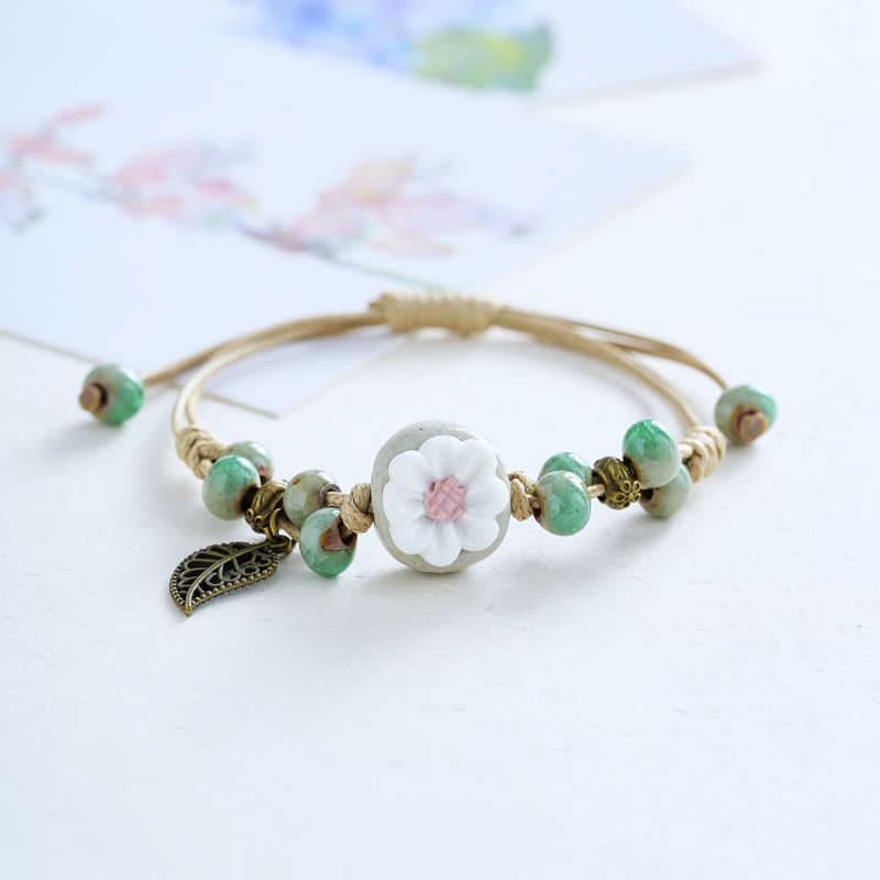 Women's Hand Weaving Mori Style Fresh Ceramic Vintage Flower Bracelets