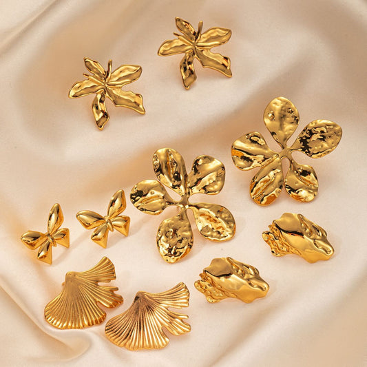 Stainless Steel Ginkgo Leaf Petals Golden Earrings