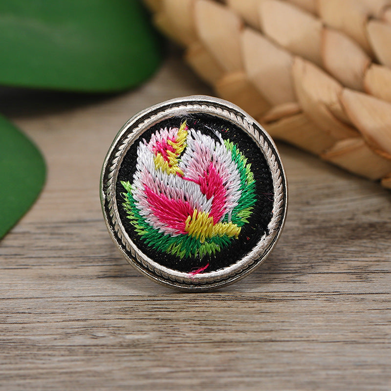 Sier Embroidered Vintage Classic Embroidery Pansy Open Female Rings