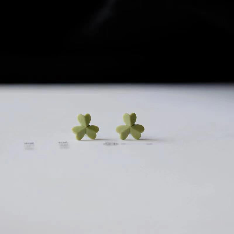 Sier Needle Mori Style Grass Green Clover Element Fresh Cute Stud Earrings