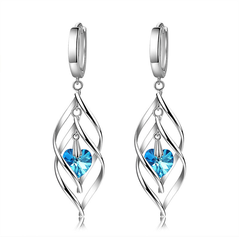 Korean Style Blue Crystal Heart Ocean French Temperament Earrings