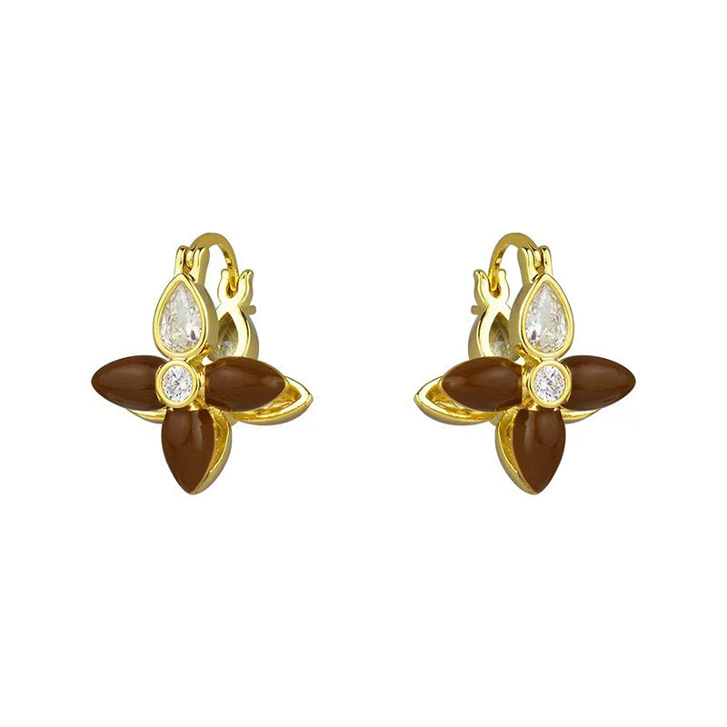 Women's Niche Design Ear Clip High-grade Retro Enamel Flower Earrings