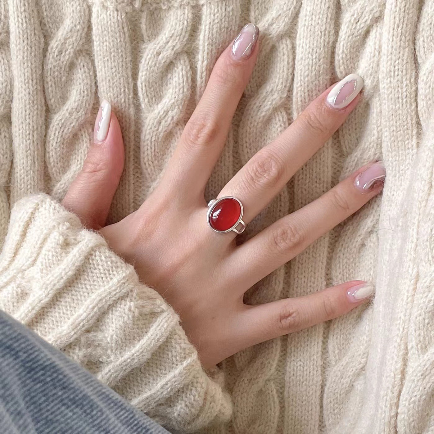 Women's French Style Sterling Sier Red Agate Rings