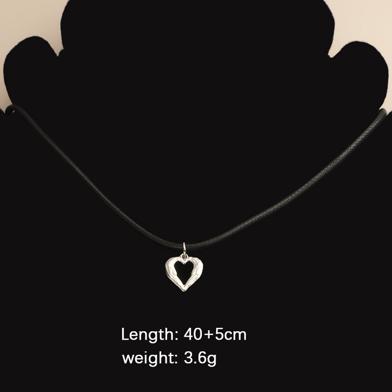 Women's Three-dimensional Love For Hollow Heart Black Wax Rope Necklaces