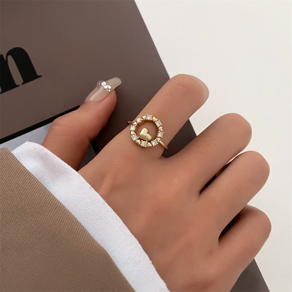 Vintage Zircon Loving Heart With Opening Adjustable Female Style Everyday Rings